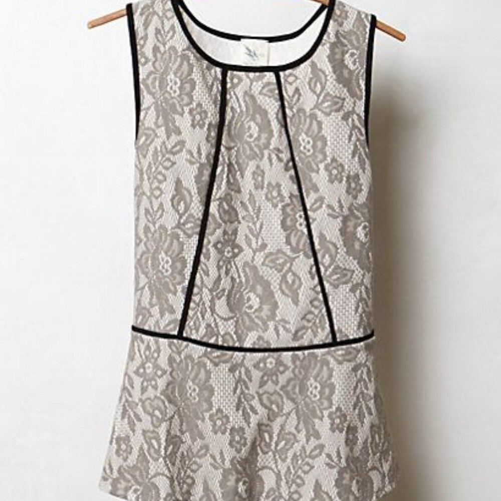 ANTHROPOLOGIE Piped Peplum Blouse Grey Sleeveless Peplum Petite Lace Top NEW
